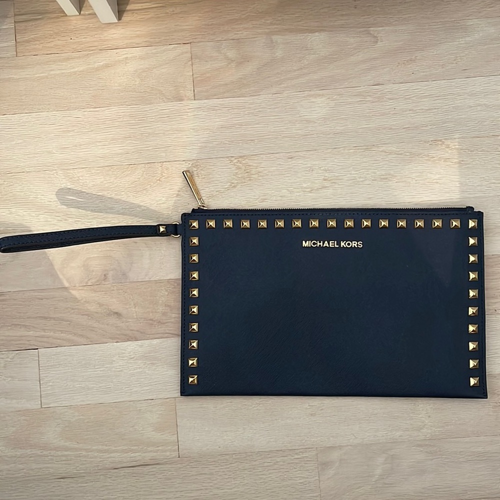Michael Kors navy leather & gold studded wristlet